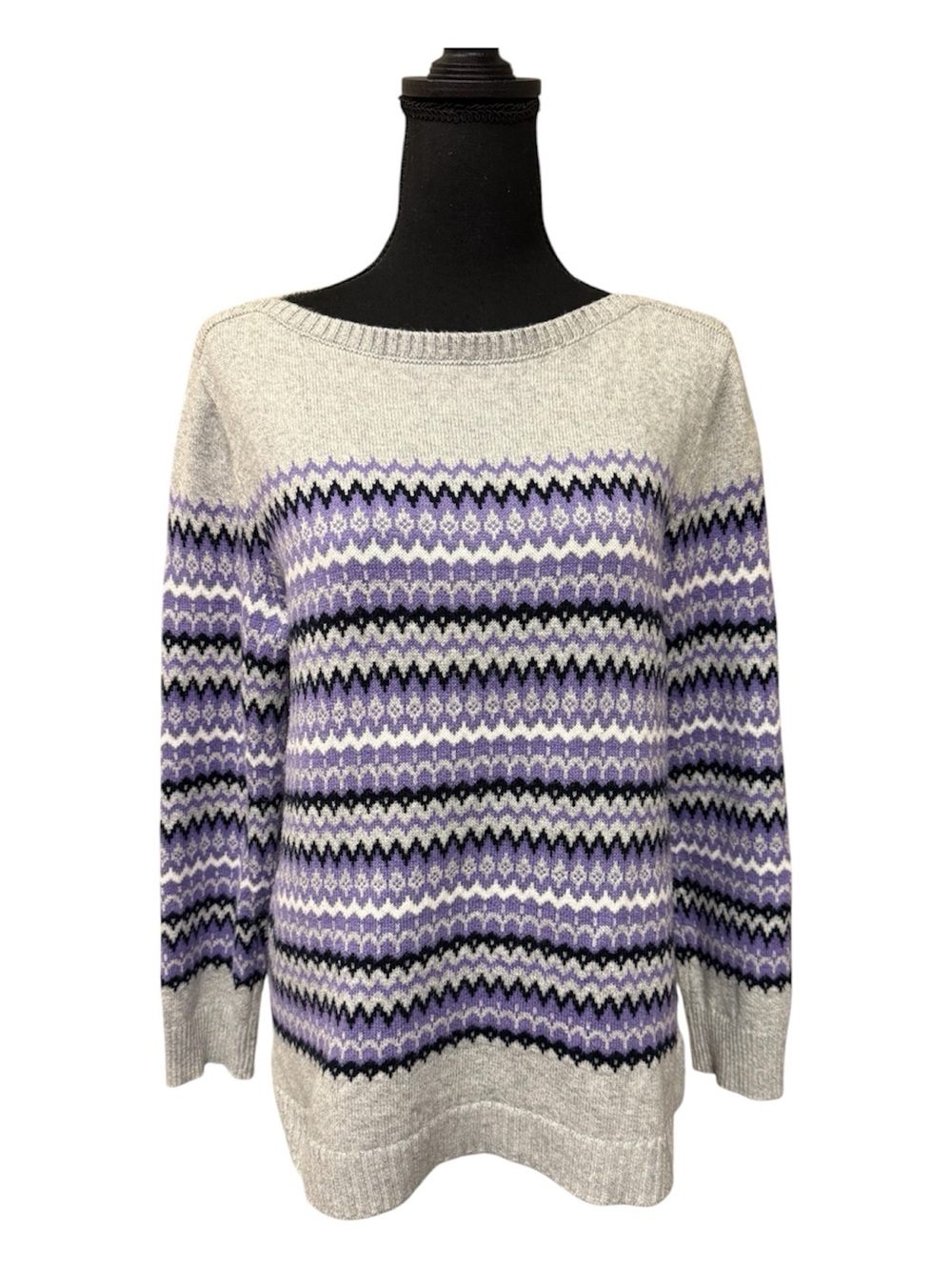 Talbots Fair Isle Sweater Large Purple Gray Soft Knit Winter Cozy Pullover